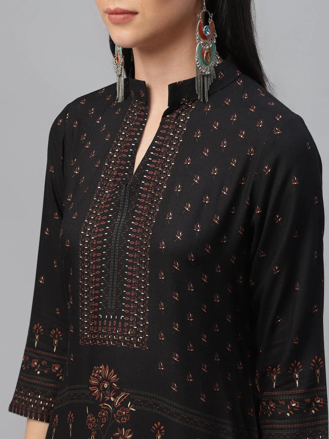 Black Printed Rayon Kurta