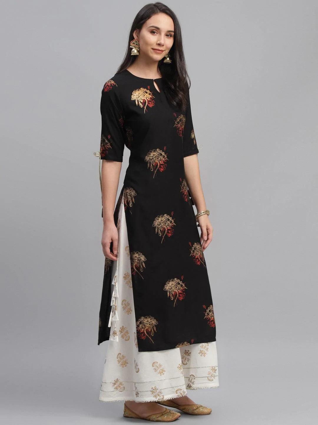 Black Printed Rayon Kurta - ShopLibas