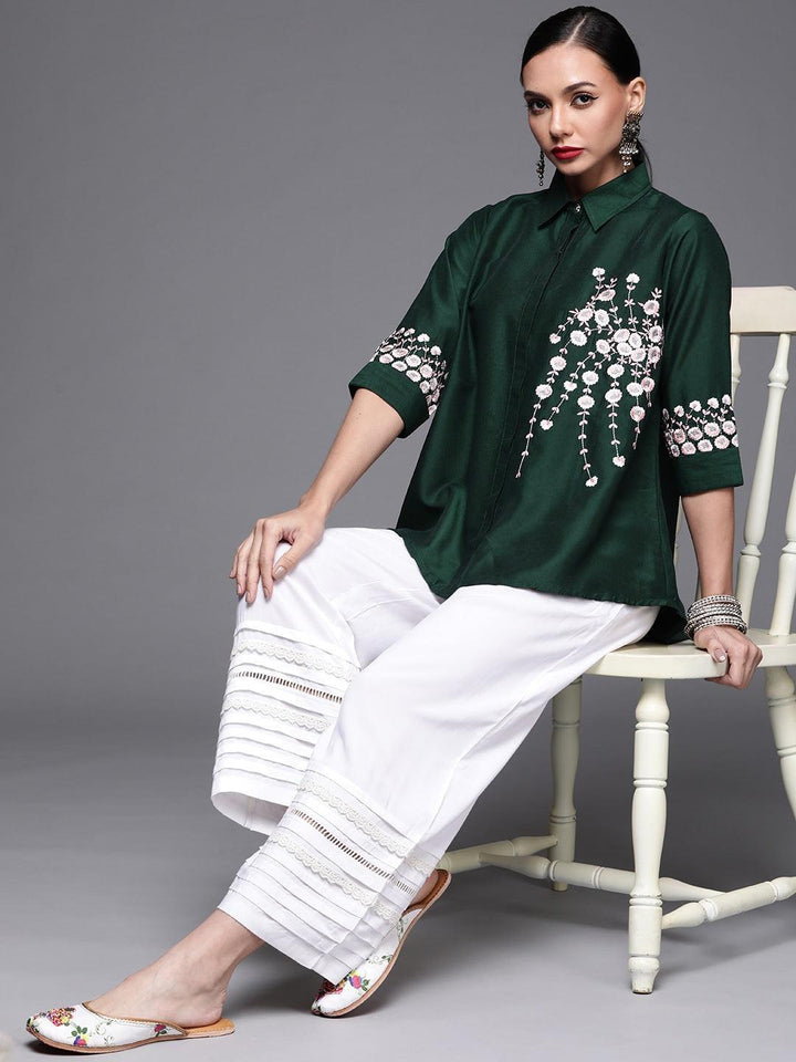 Green Embroidered Silk Blend Shirt - ShopLibas