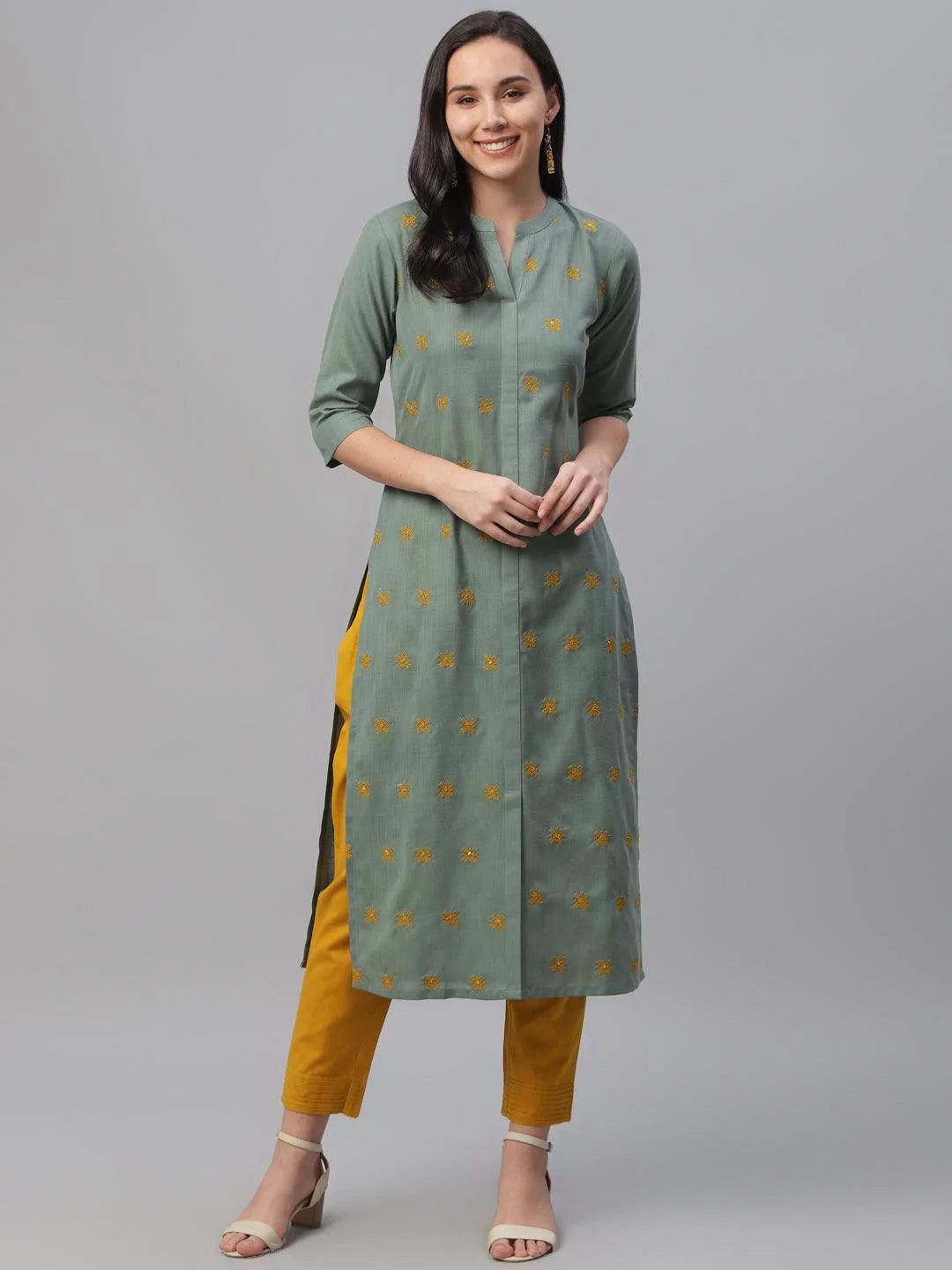 Green Embroidered Cotton Kurta