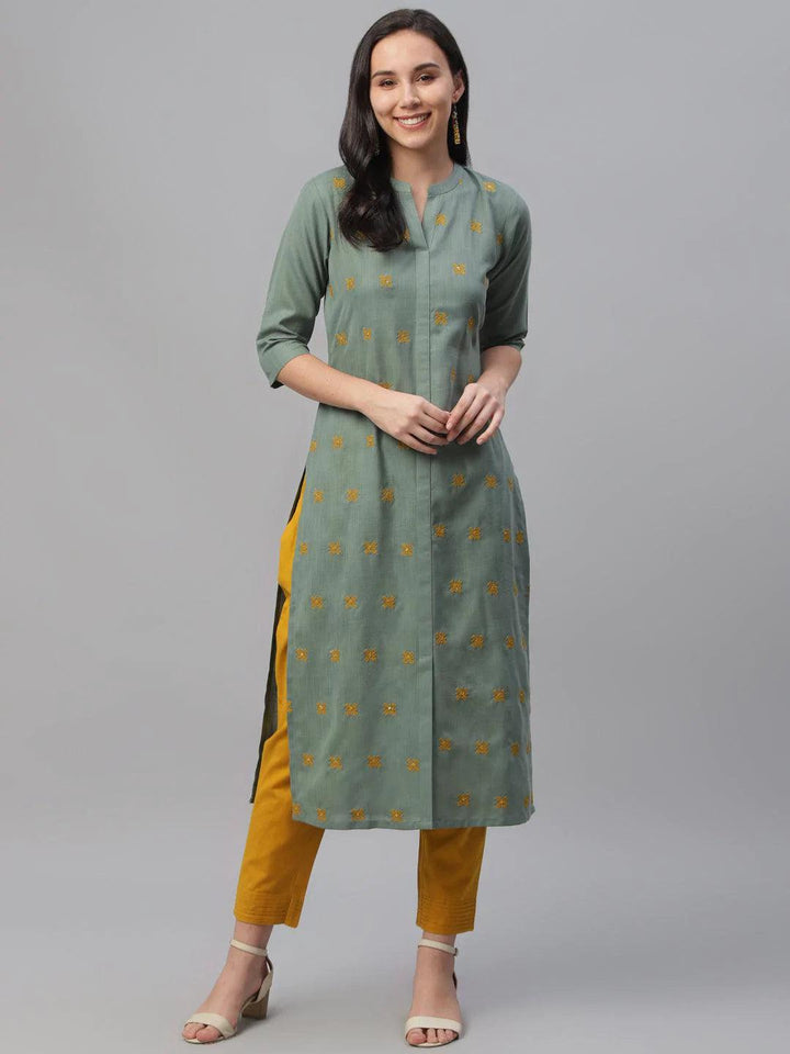 Green Embroidered Cotton Kurta - ShopLibas