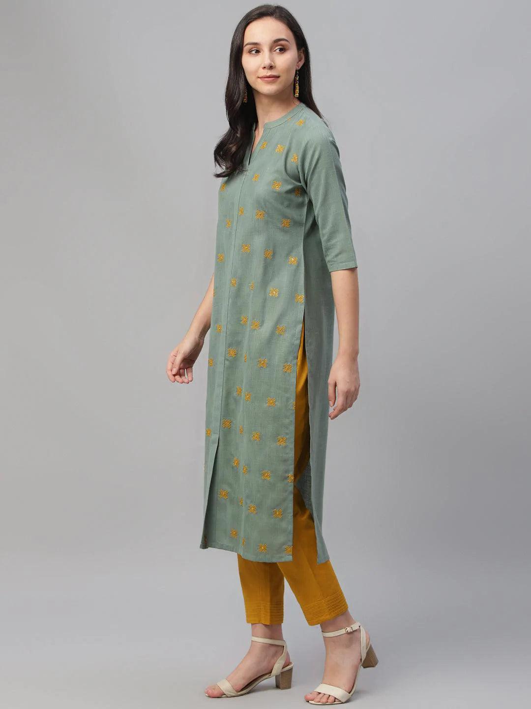 Green Embroidered Cotton Kurta