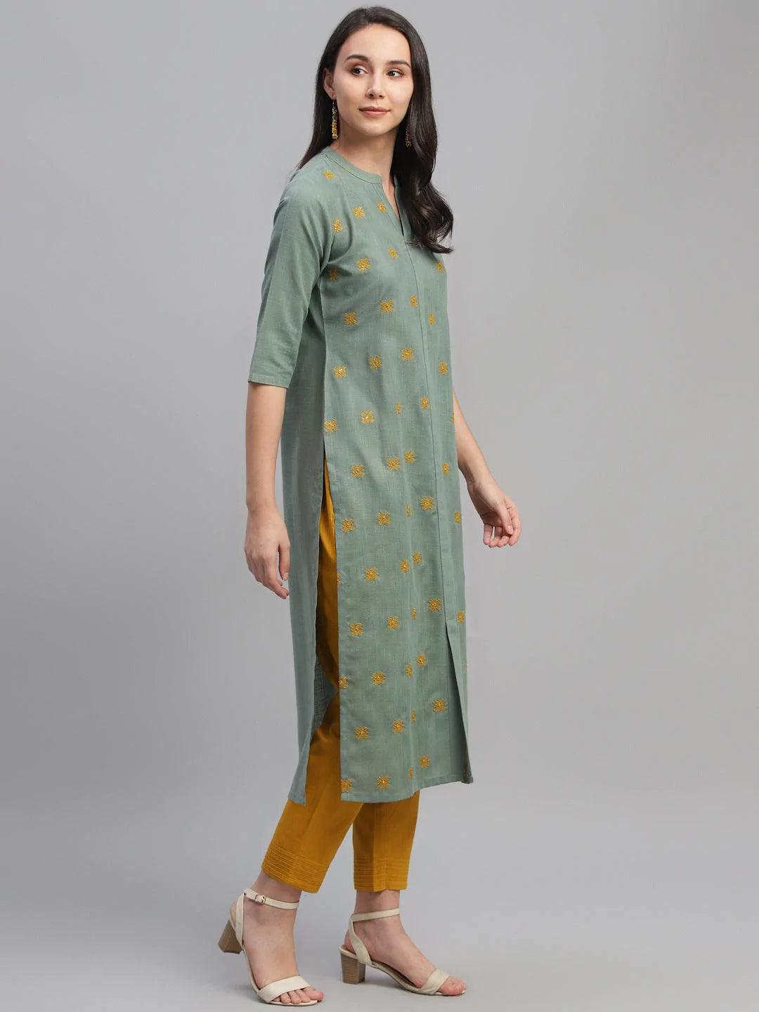 Green Embroidered Cotton Kurta