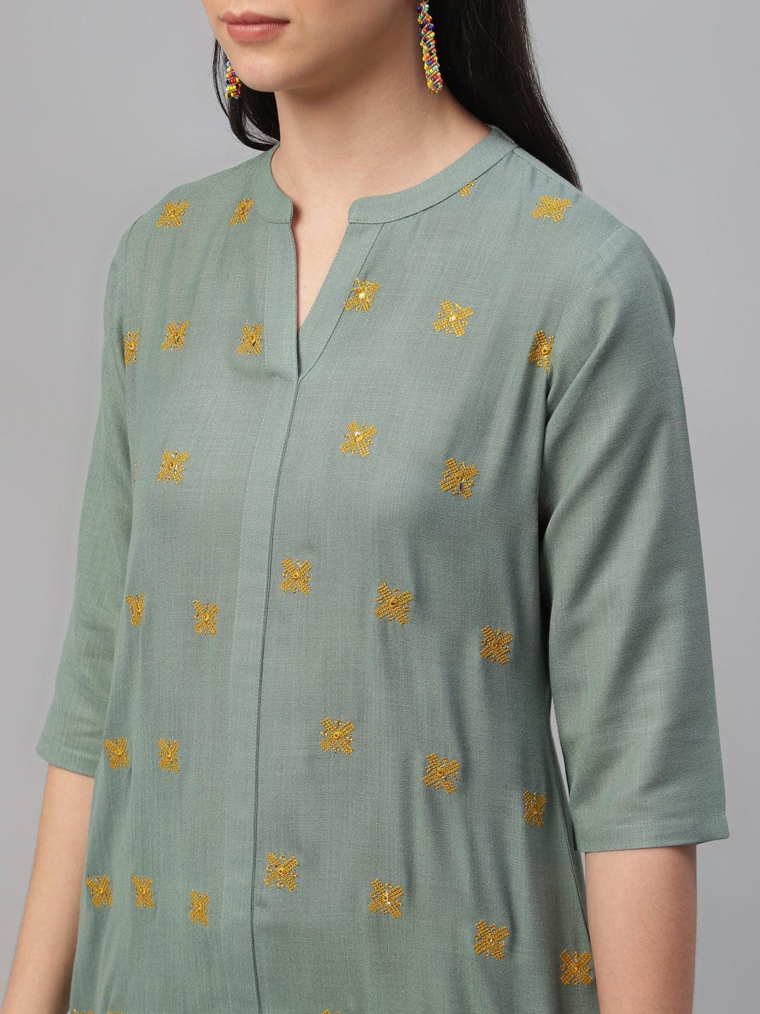 Green Embroidered Cotton Kurta