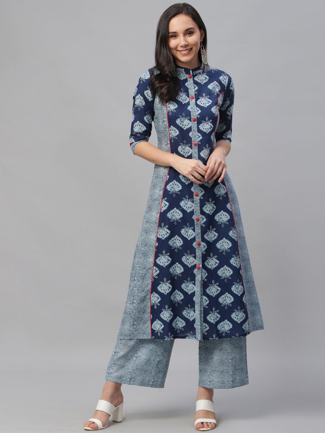 Blue Printed Cotton Kurta - ShopLibas