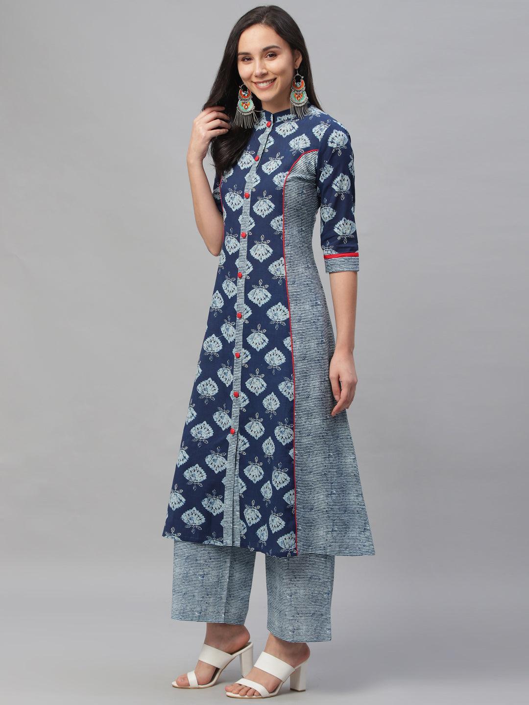 Blue Printed Cotton Kurta - ShopLibas