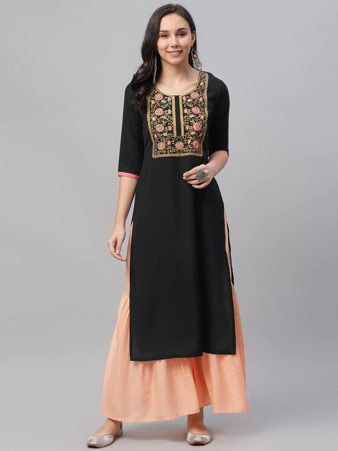 Black Embroidered Cotton Kurta