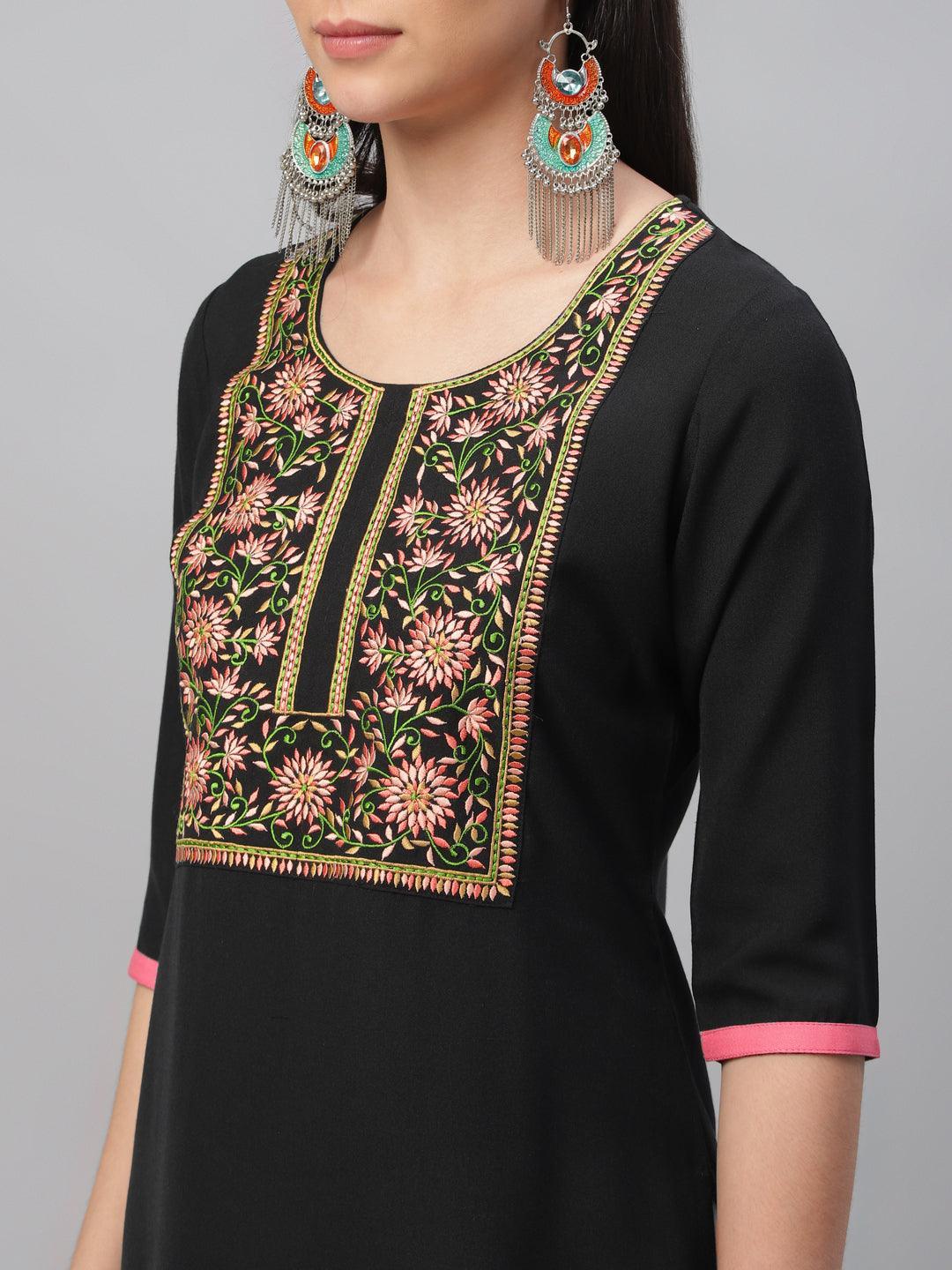 Black Embroidered Cotton Kurta