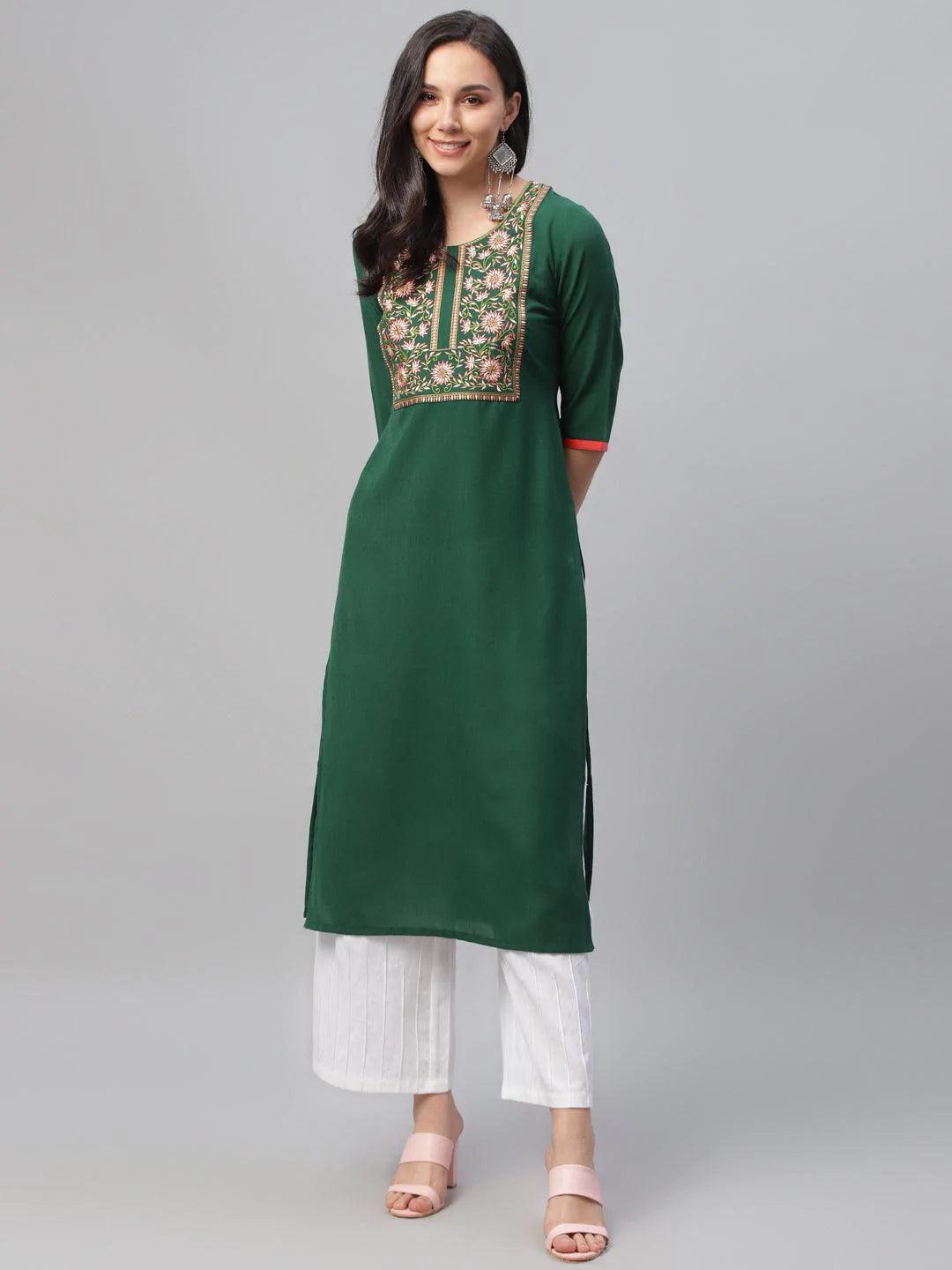 Green Embroidered Cotton Kurta