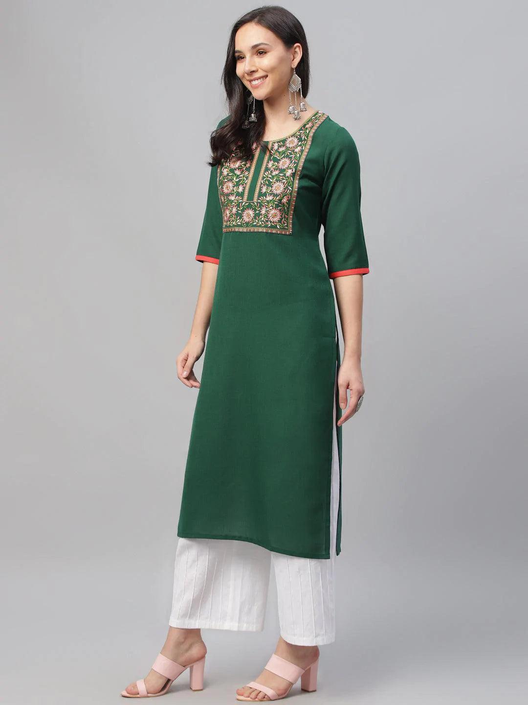 Green Embroidered Cotton Kurta