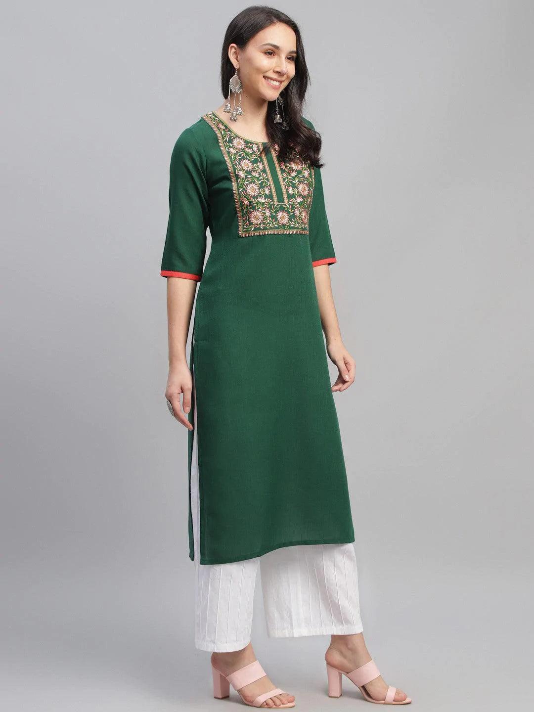 Green Embroidered Cotton Kurta