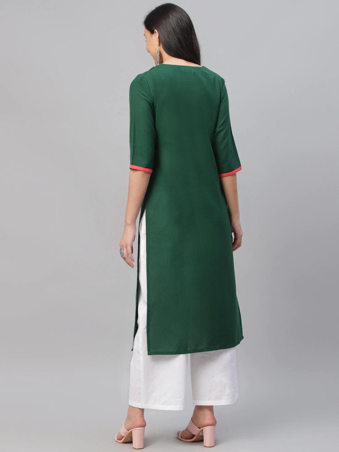 Green Embroidered Cotton Kurta