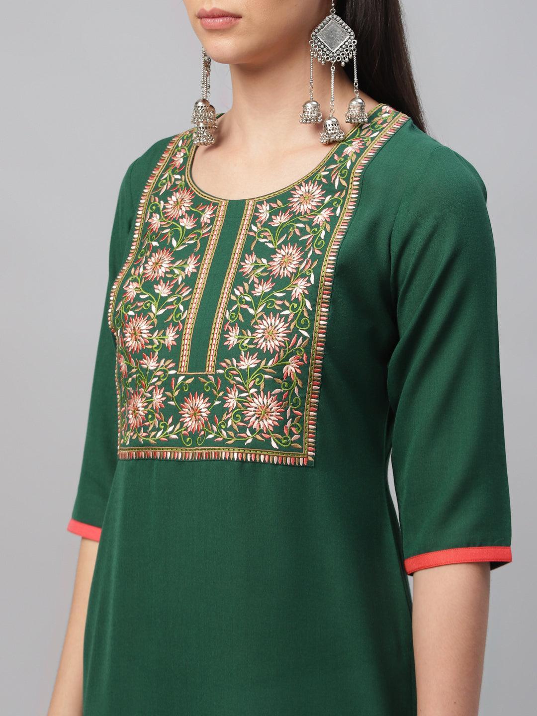 Green Embroidered Cotton Kurta