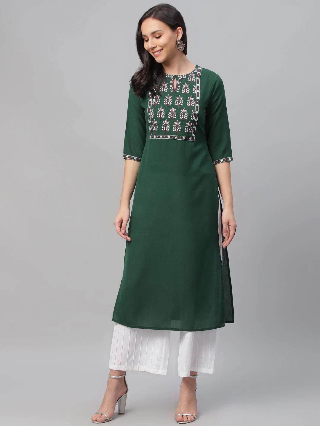 Green Embroidered Cotton Kurta