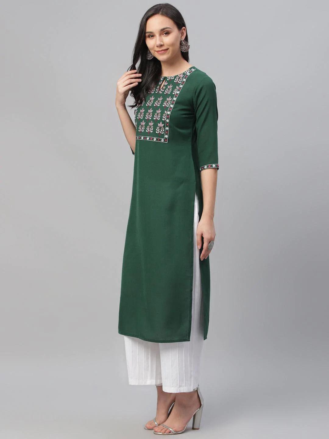 Green Embroidered Cotton Kurta