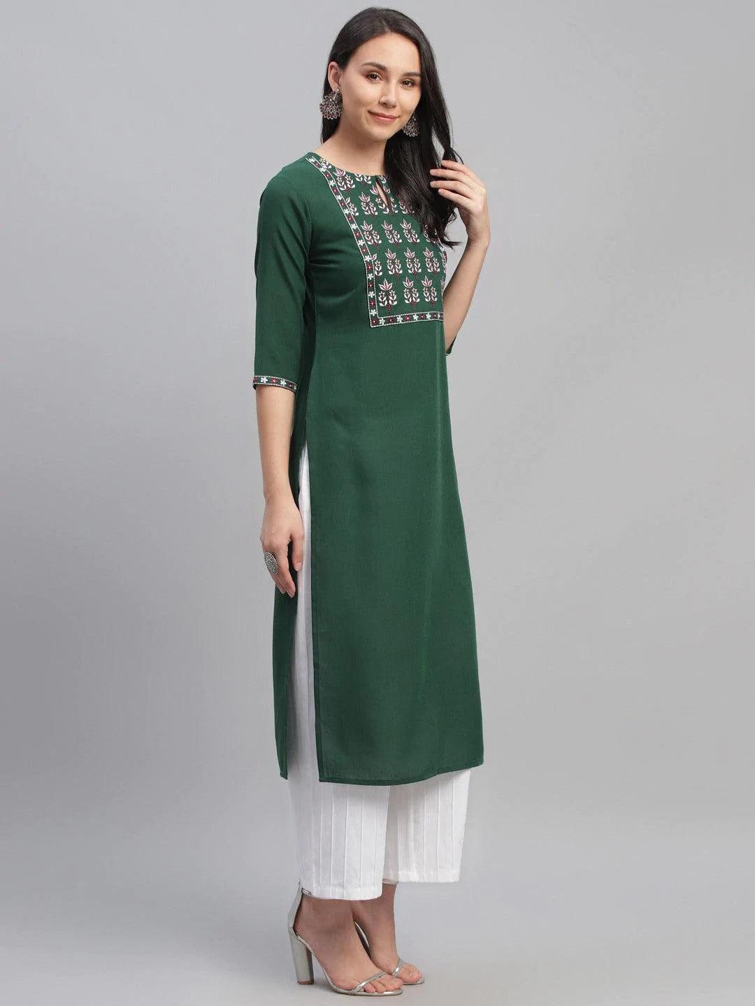 Green Embroidered Cotton Kurta