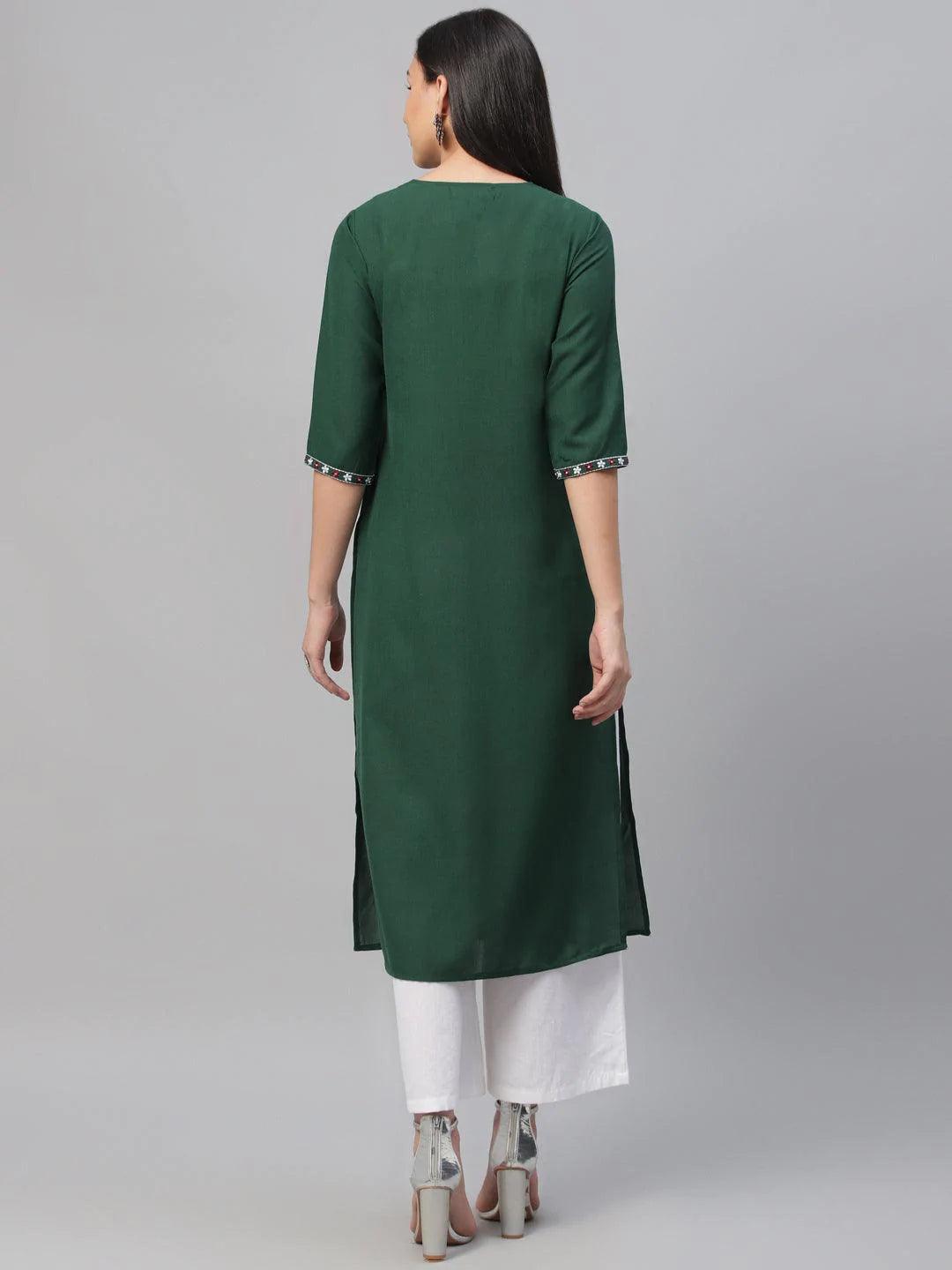 Green Embroidered Cotton Kurta