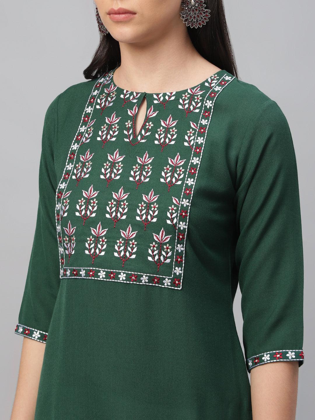 Green Embroidered Cotton Kurta