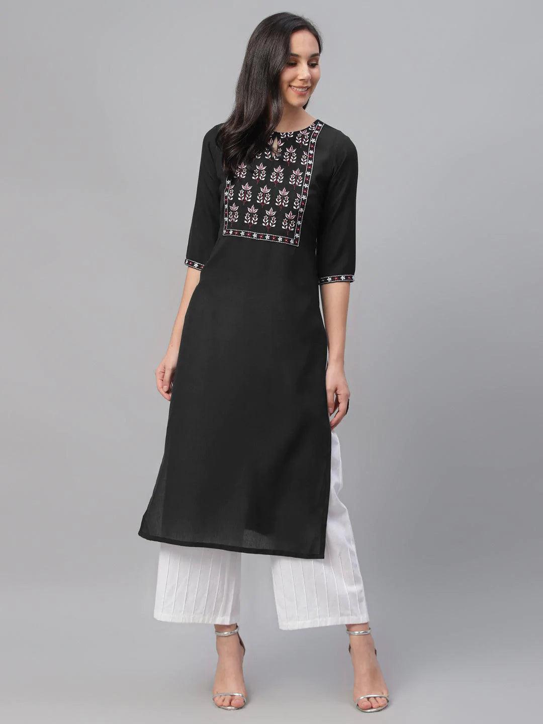 Black Embroidered Cotton Kurta