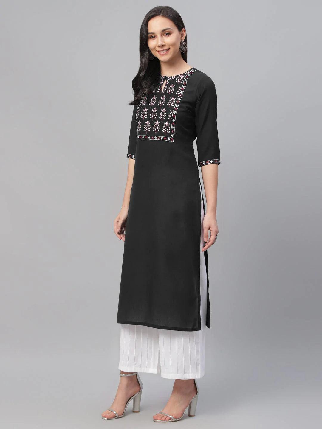 Black Embroidered Cotton Kurta