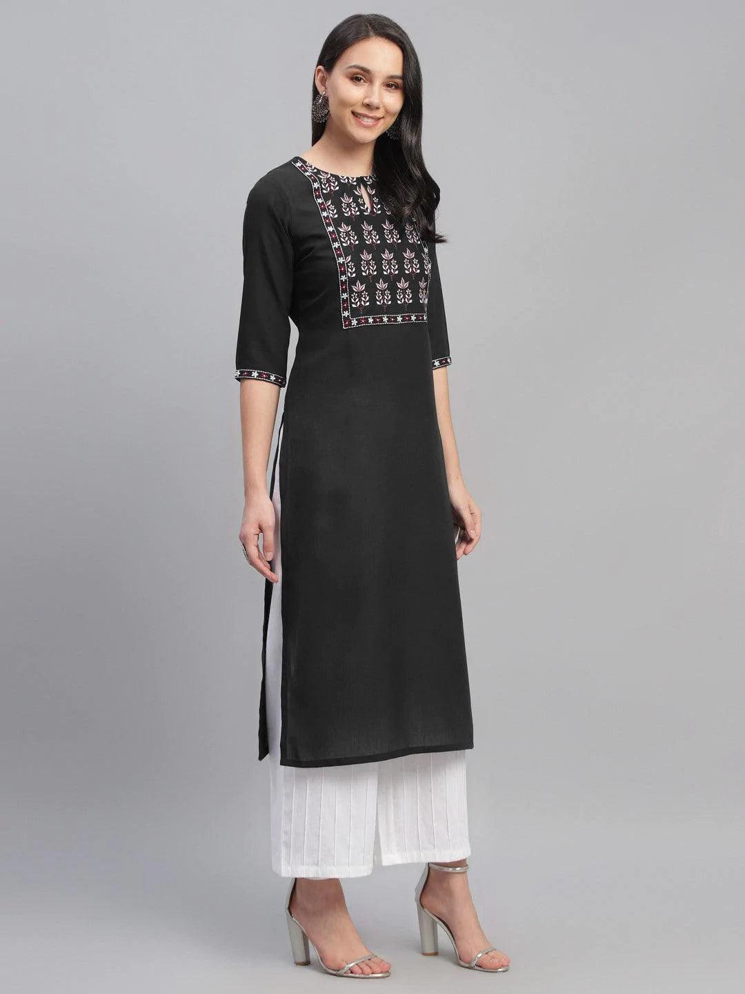 Black Embroidered Cotton Kurta