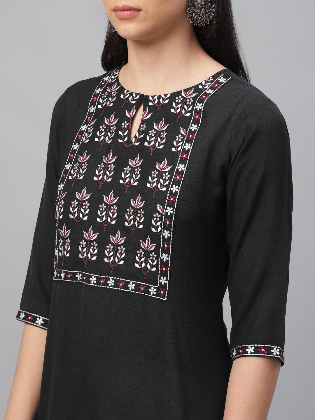 Black Embroidered Cotton Kurta