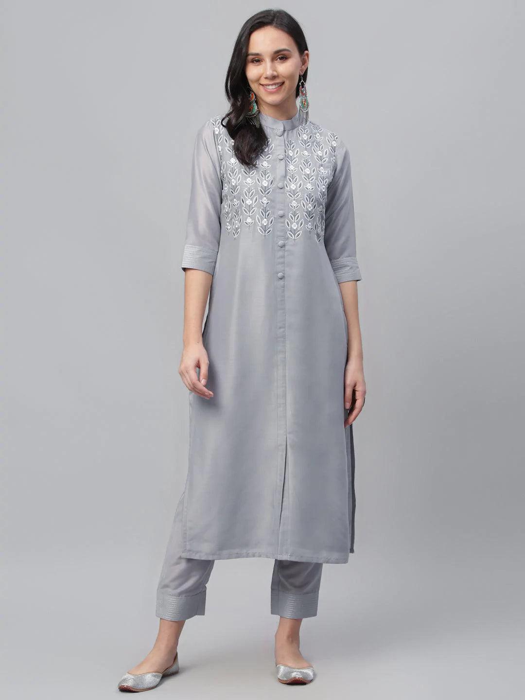 Grey Embroidered Crepe Kurta - ShopLibas