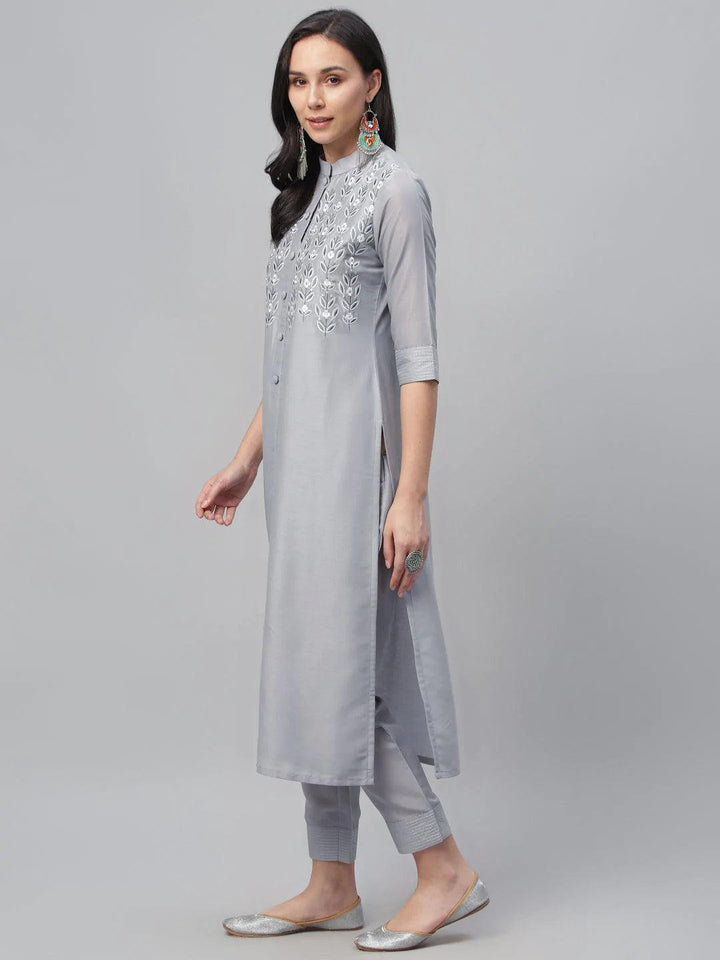 Grey Embroidered Crepe Kurta - ShopLibas