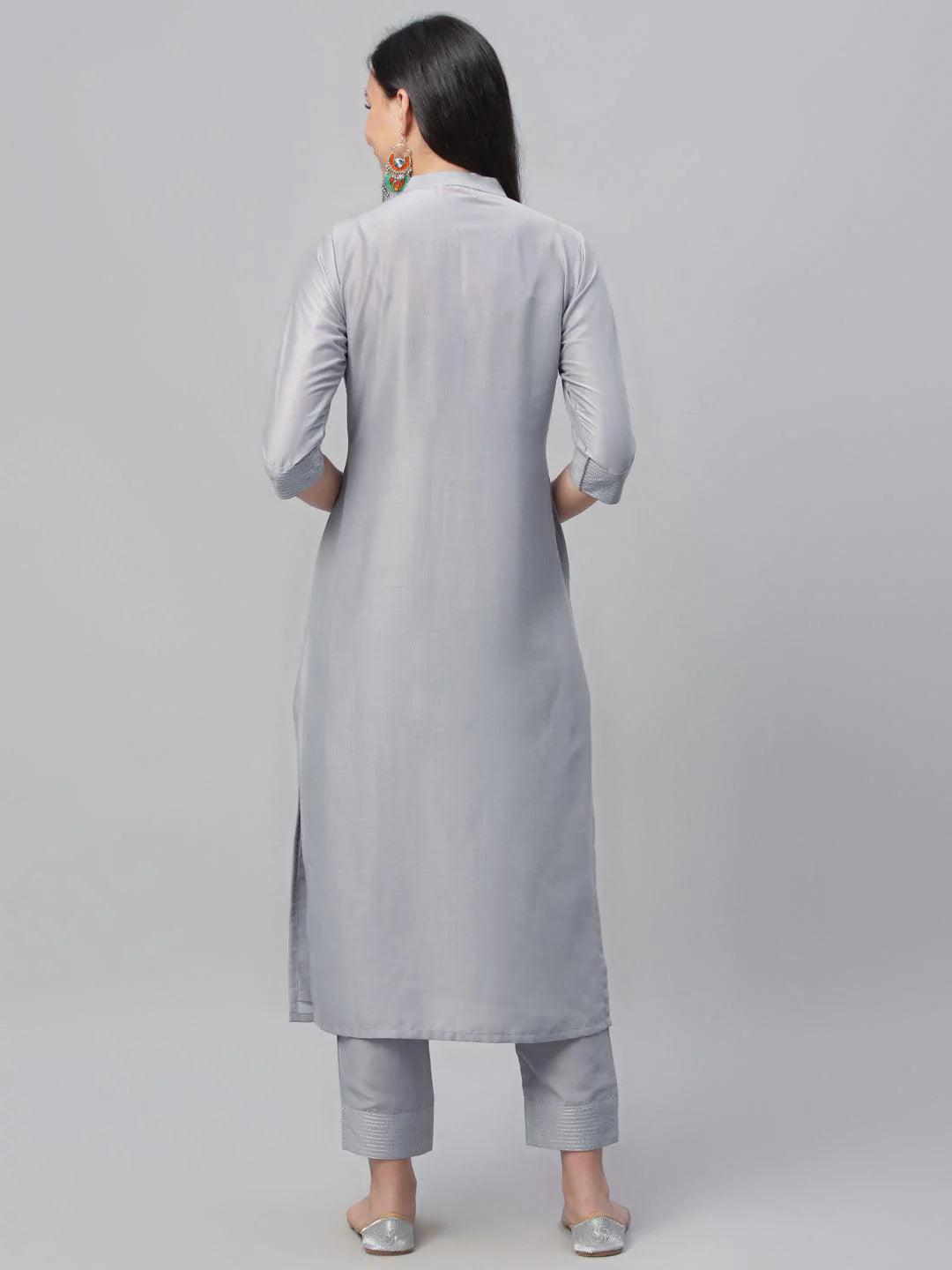 Grey Embroidered Crepe Kurta - ShopLibas