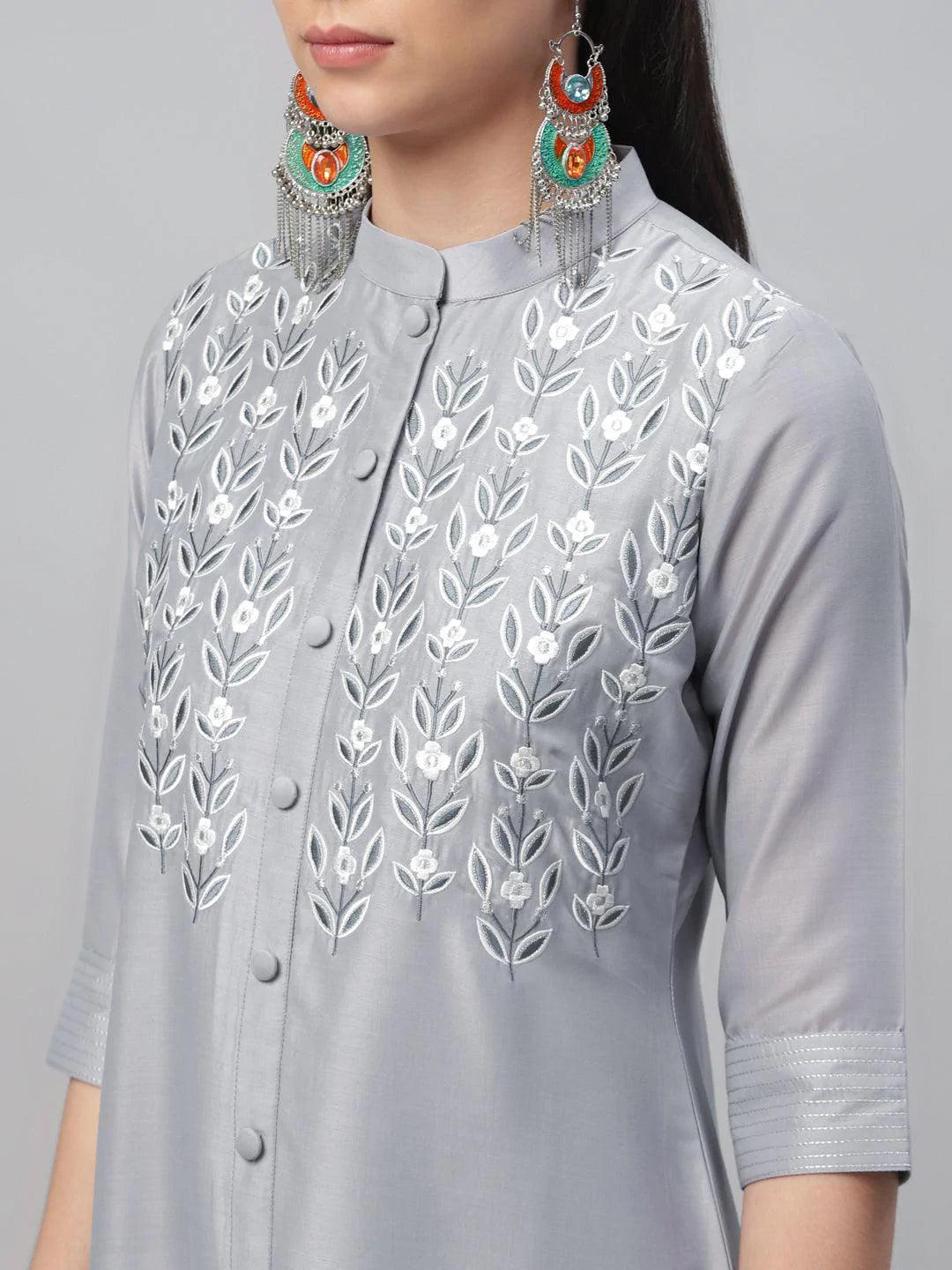 Grey Embroidered Crepe Kurta - ShopLibas