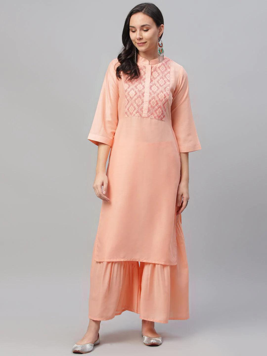 Peach Embroidered Crepe Kurta - ShopLibas