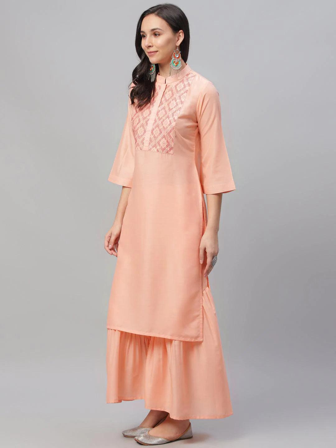 Peach Embroidered Crepe Kurta - ShopLibas