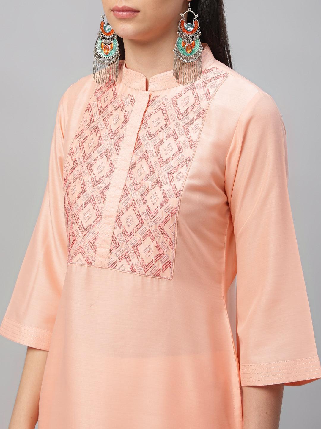 Peach Embroidered Crepe Kurta - ShopLibas