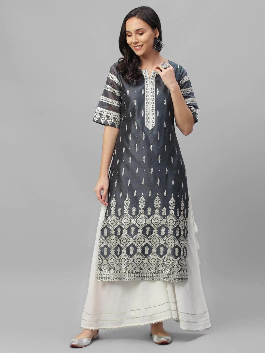 Grey Printed Shantoon Kurta - ShopLibas