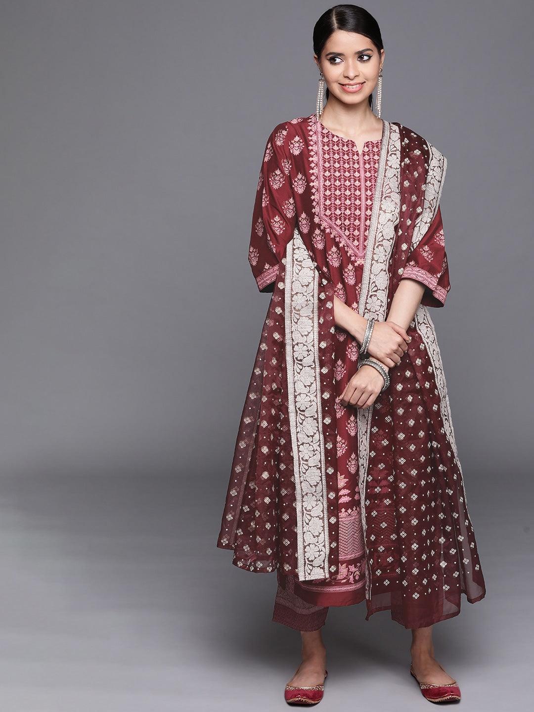 Maroon Printed Silk Blend Suit Set