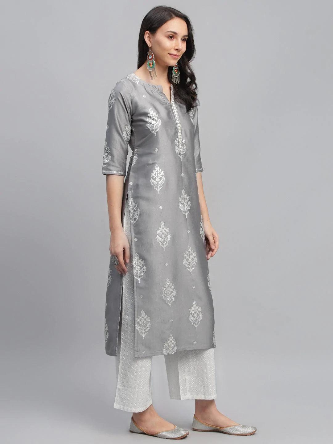 Grey Printed Shantoon Kurta - ShopLibas