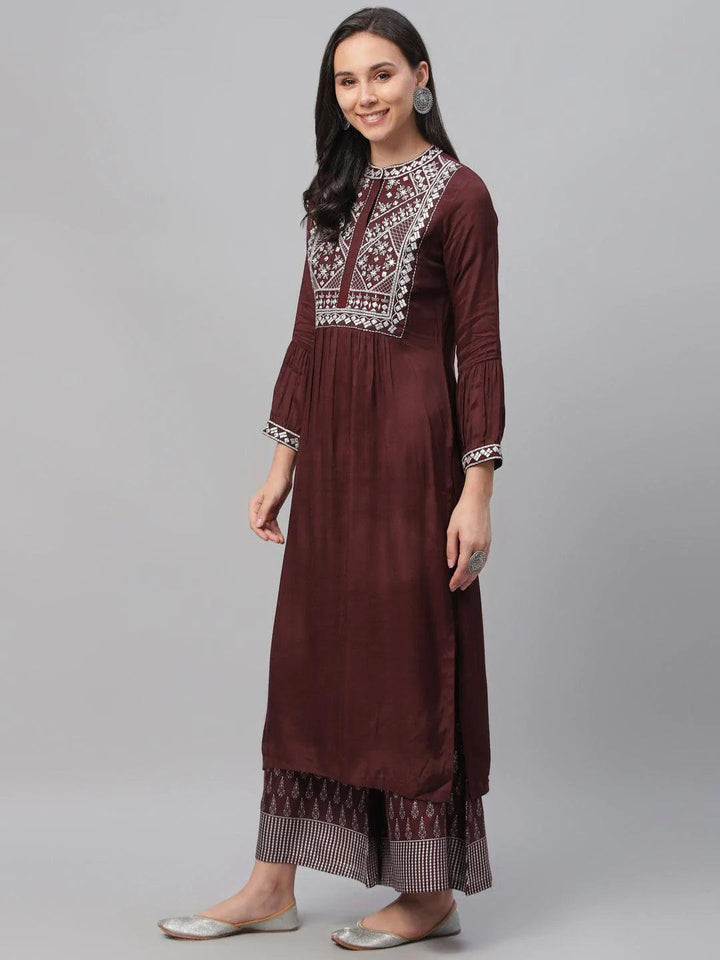 Maroon Embroidered Shantoon Kurta - ShopLibas