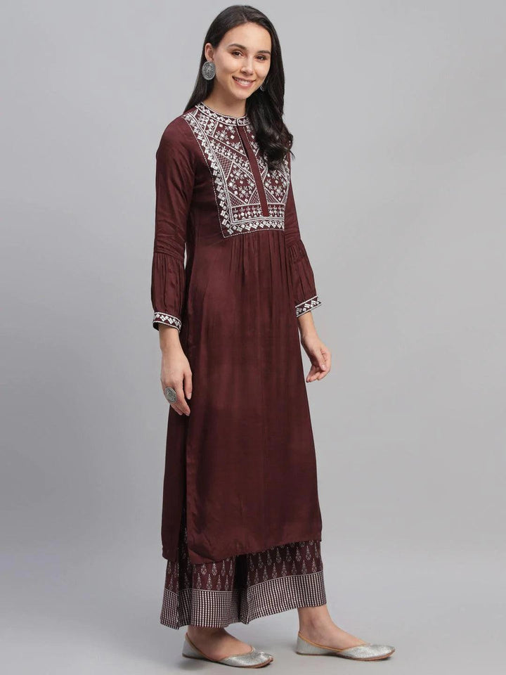 Maroon Embroidered Shantoon Kurta - ShopLibas