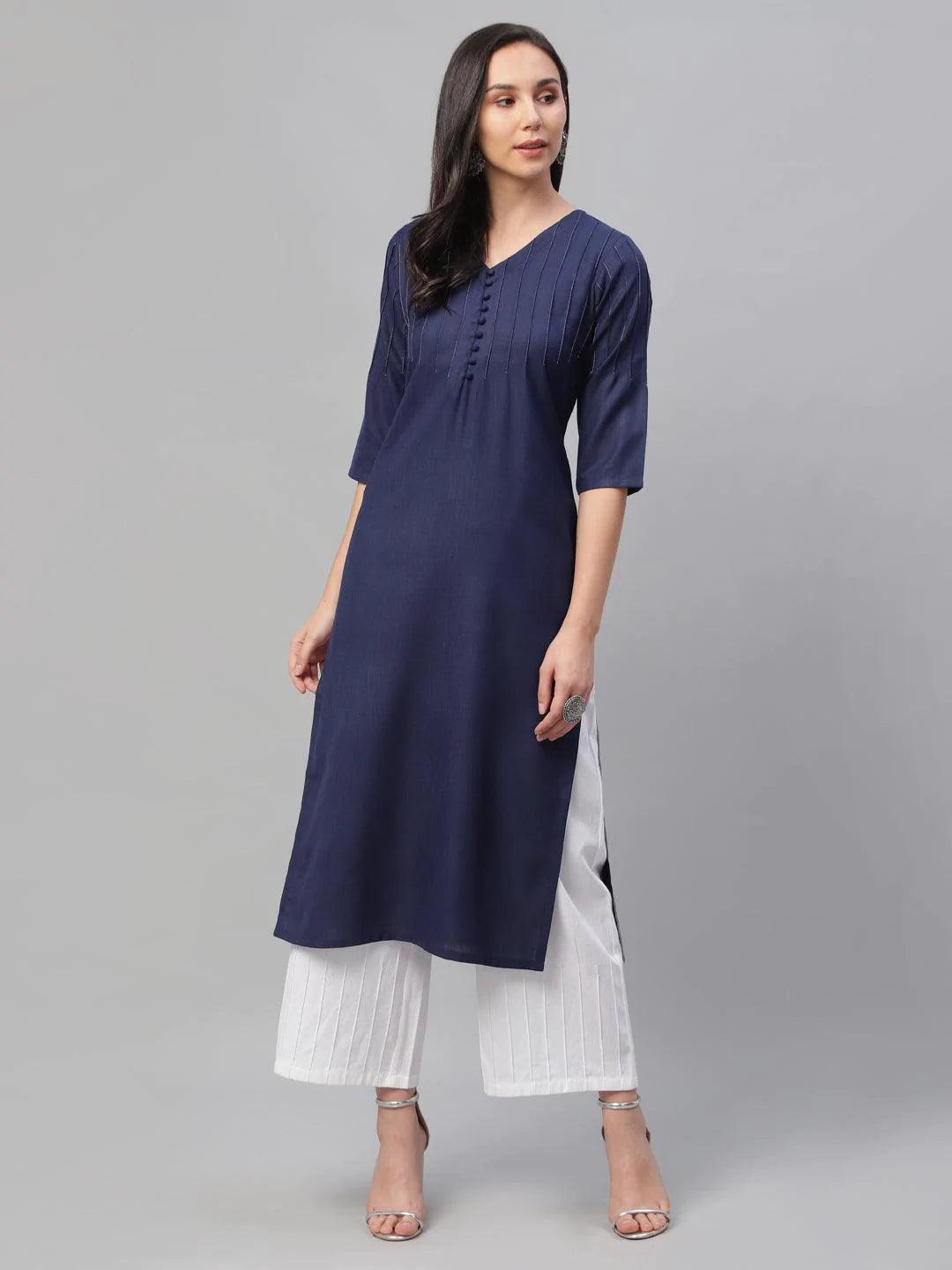 Blue Solid Cotton Kurta