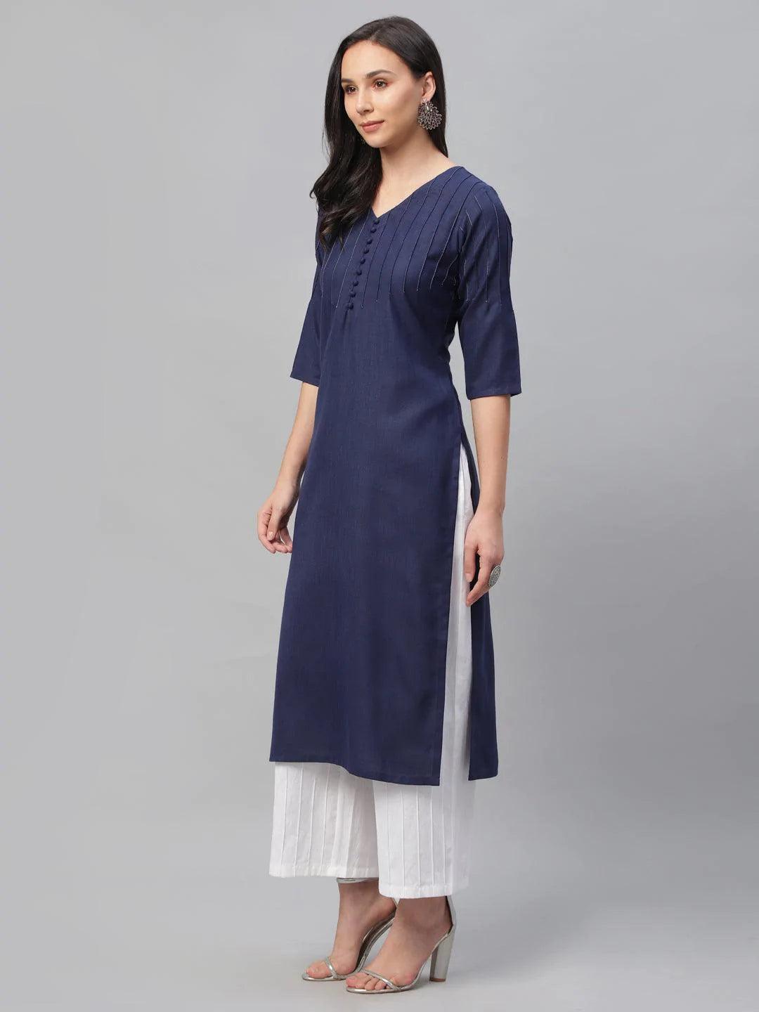 Blue Solid Cotton Kurta