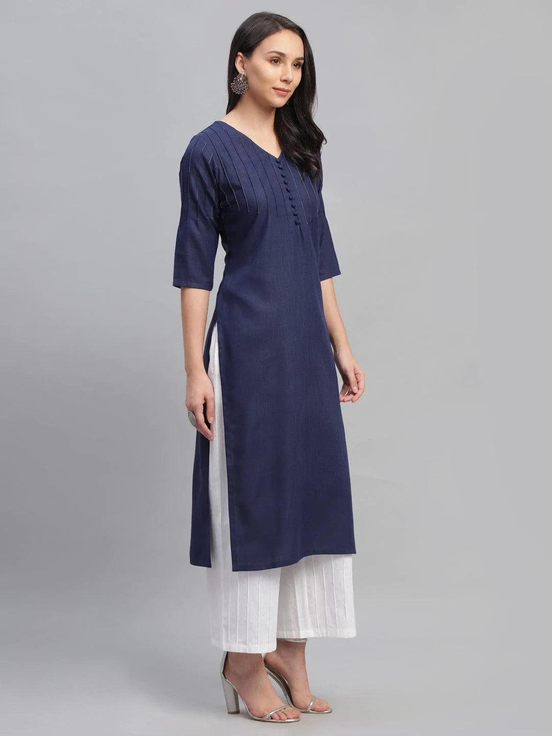 Blue Solid Cotton Kurta