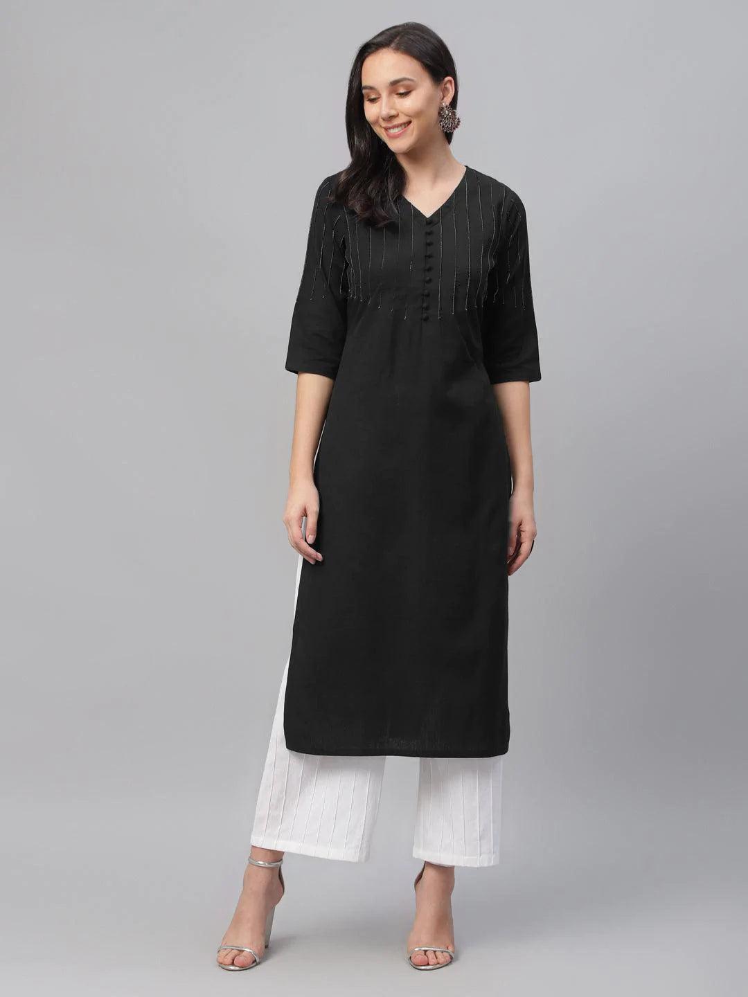 Black Solid Cotton Kurta