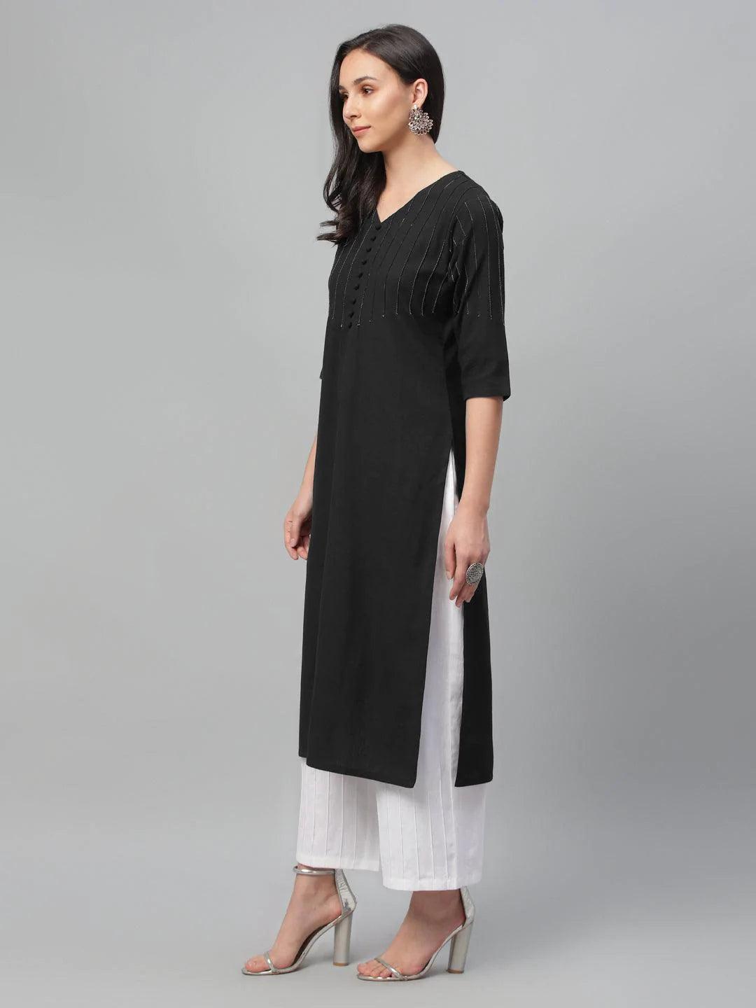 Black Solid Cotton Kurta