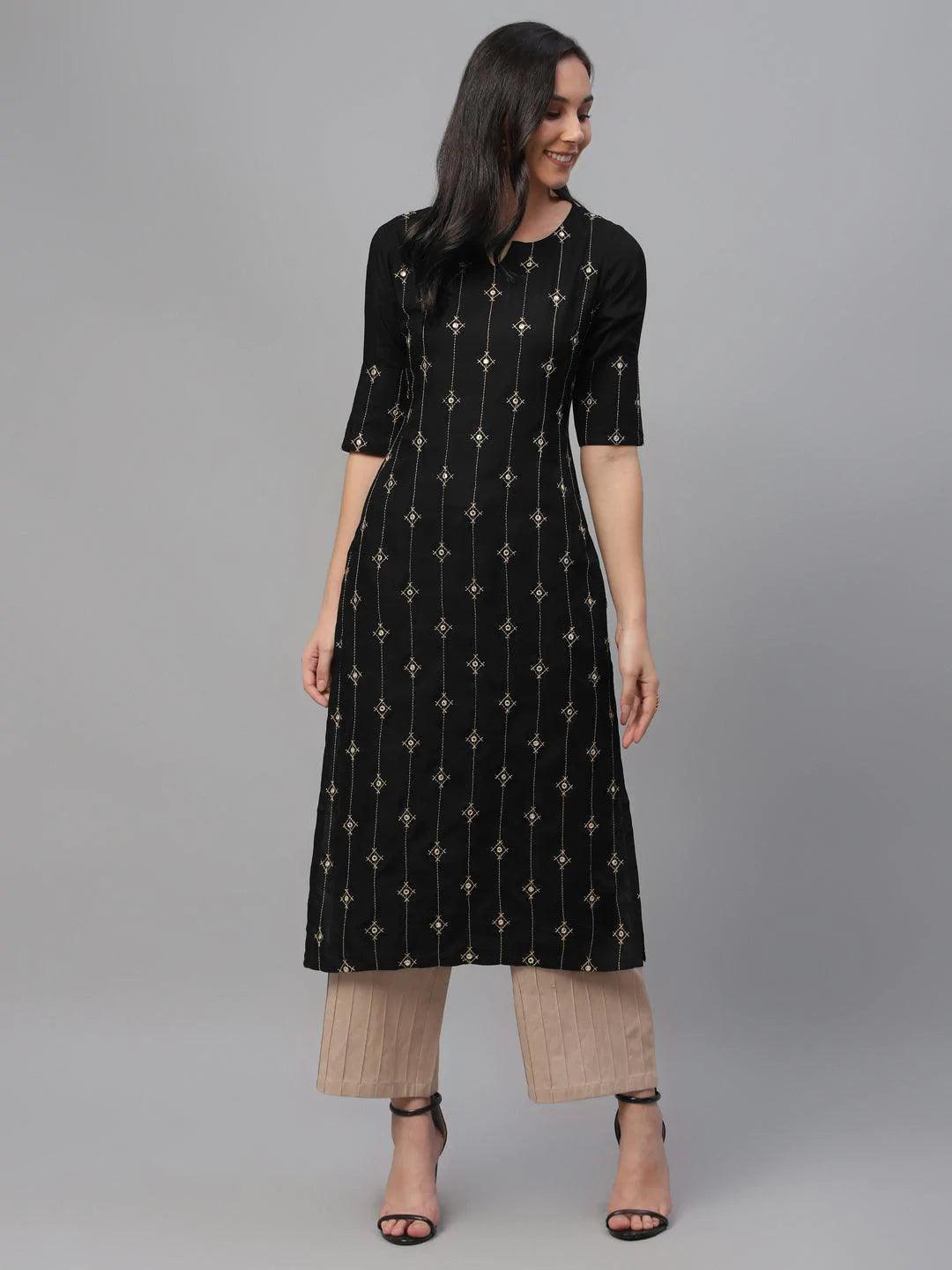 Black Embroidered Rayon Kurta