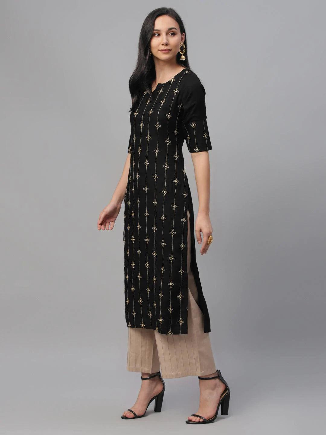 Black Embroidered Rayon Kurta