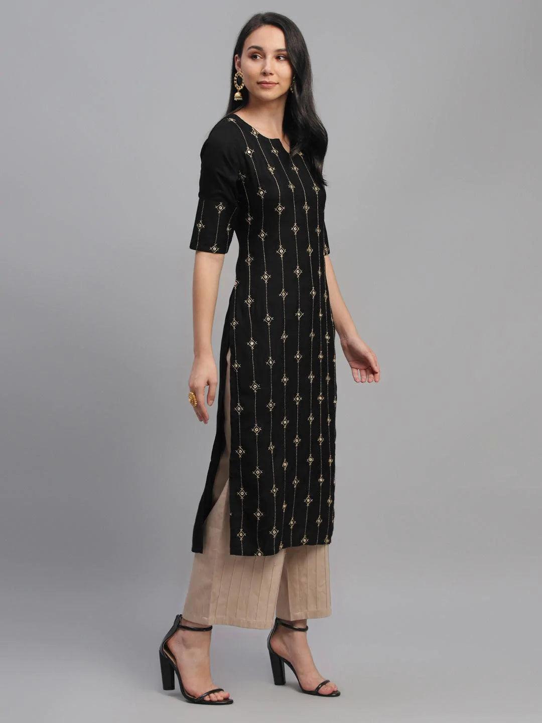 Black Embroidered Rayon Kurta