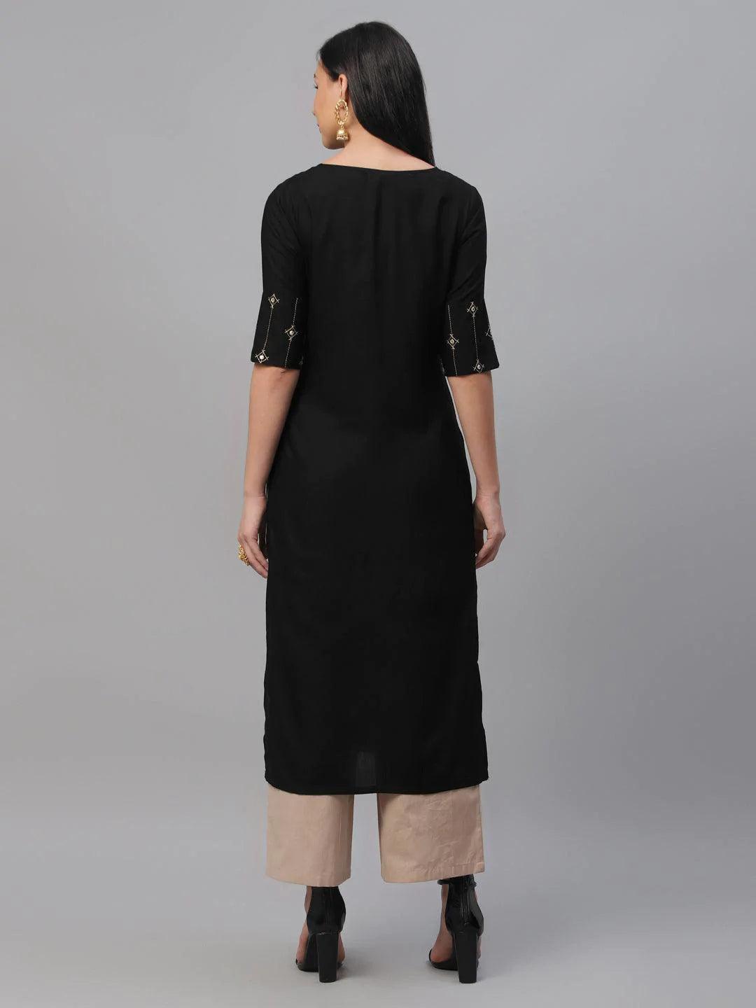 Black Embroidered Rayon Kurta