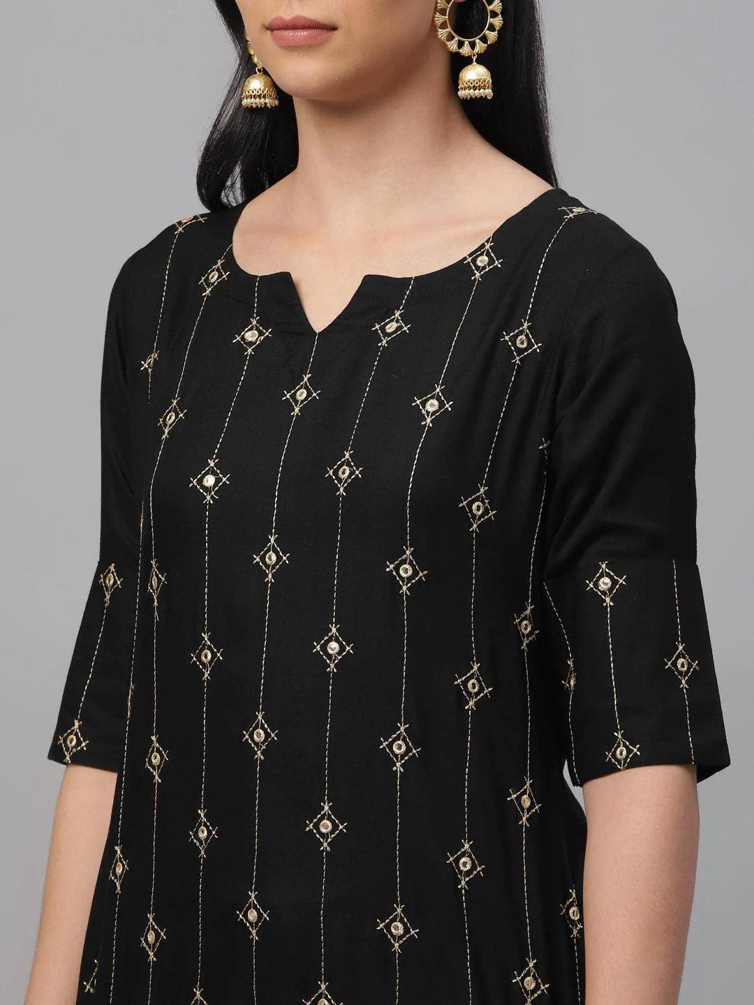 Black Embroidered Rayon Kurta