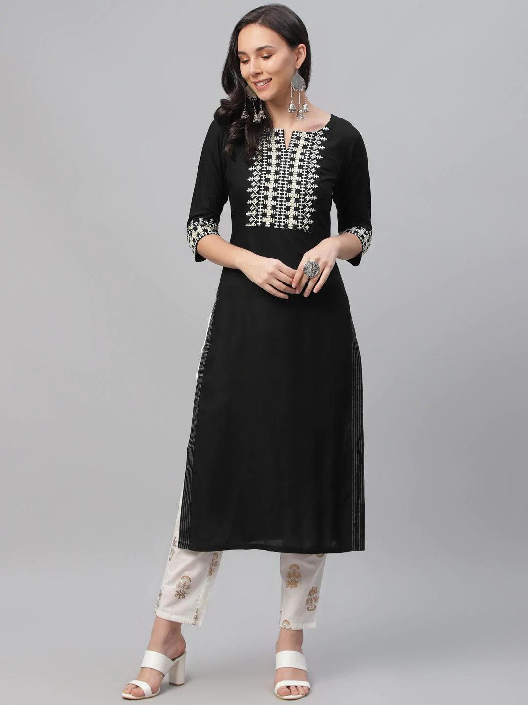 Black Embroidered Rayon Kurta