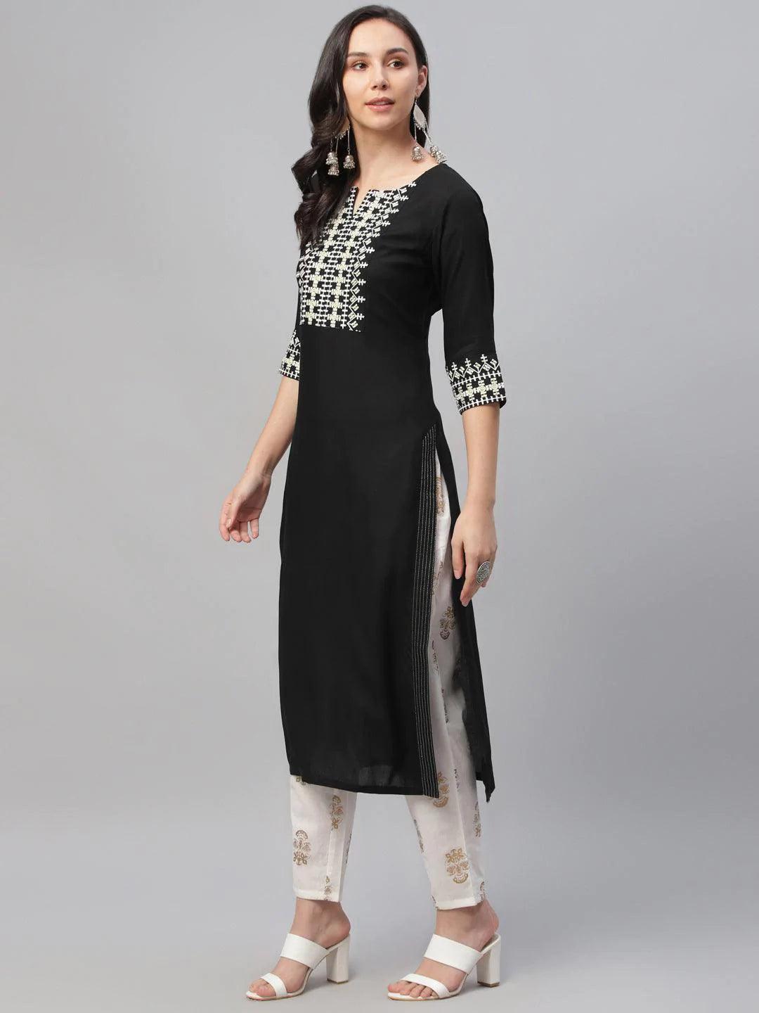 Black Embroidered Rayon Kurta